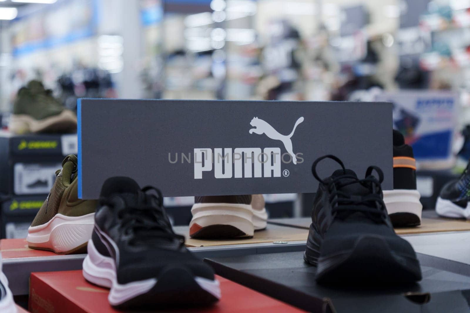 Tyumen, Russia-August 11, 2024: Trendy athletic shoe Puma is prominently showcased in a retail setting, highlighting its unique color combination and design