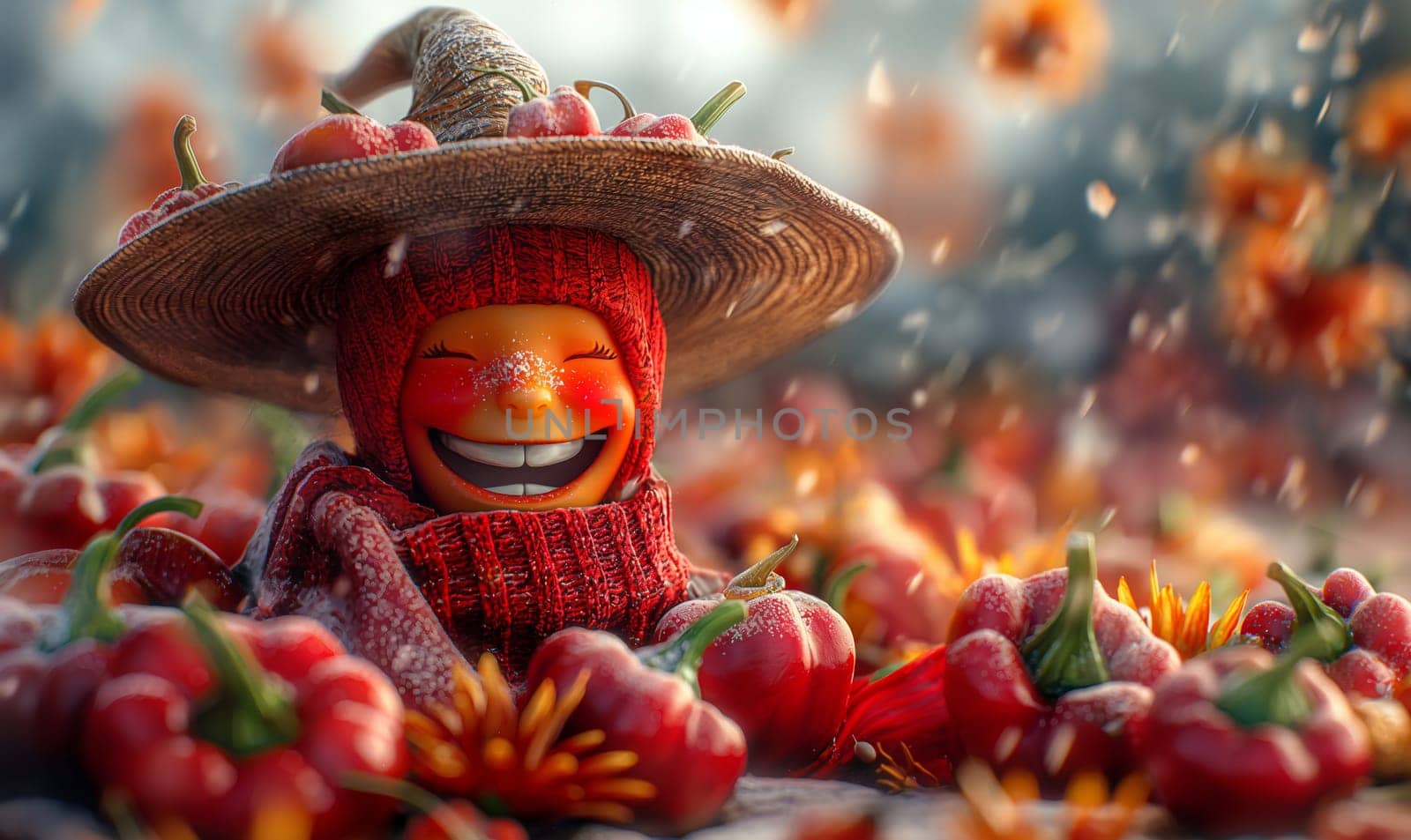 A cartoon red pepper laughs against a blurred background of a vegetable garden. Selective focus.