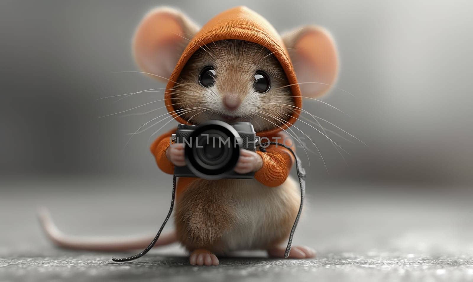Cartoon mouse with a camera on a blurred background.Selective focus.