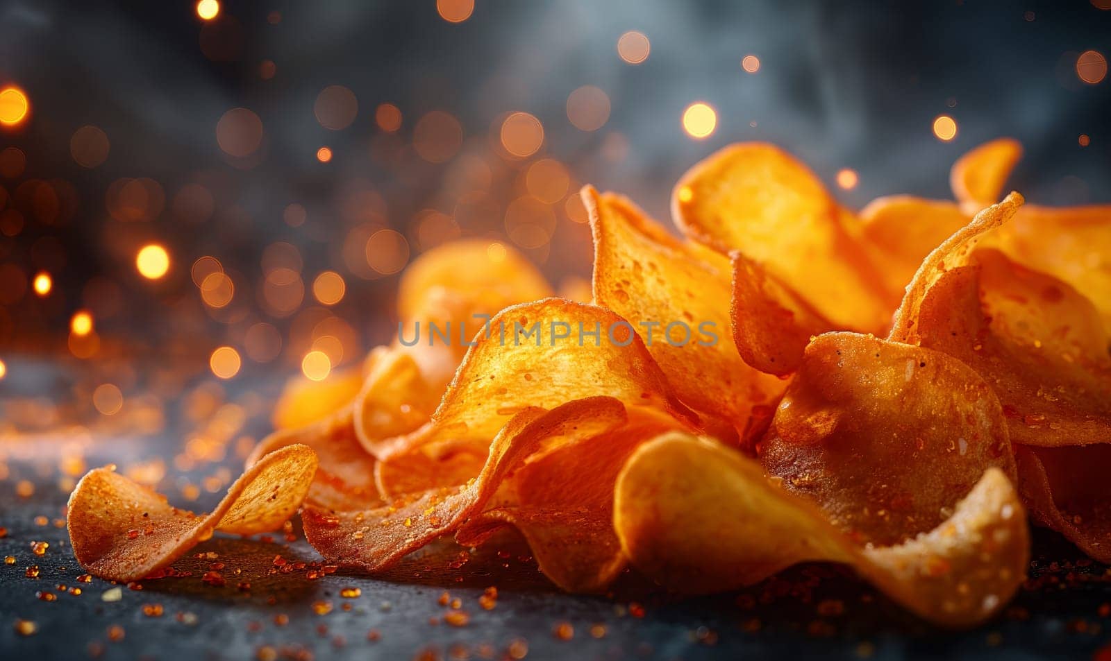 Scattered potato chips on a blurred background. Selective focus.