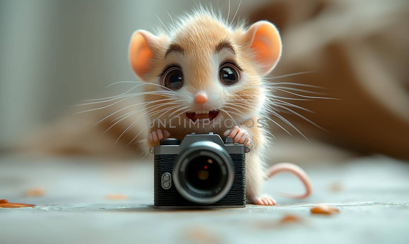Cartoon mouse with a camera on a blurred background.Selective focus.
