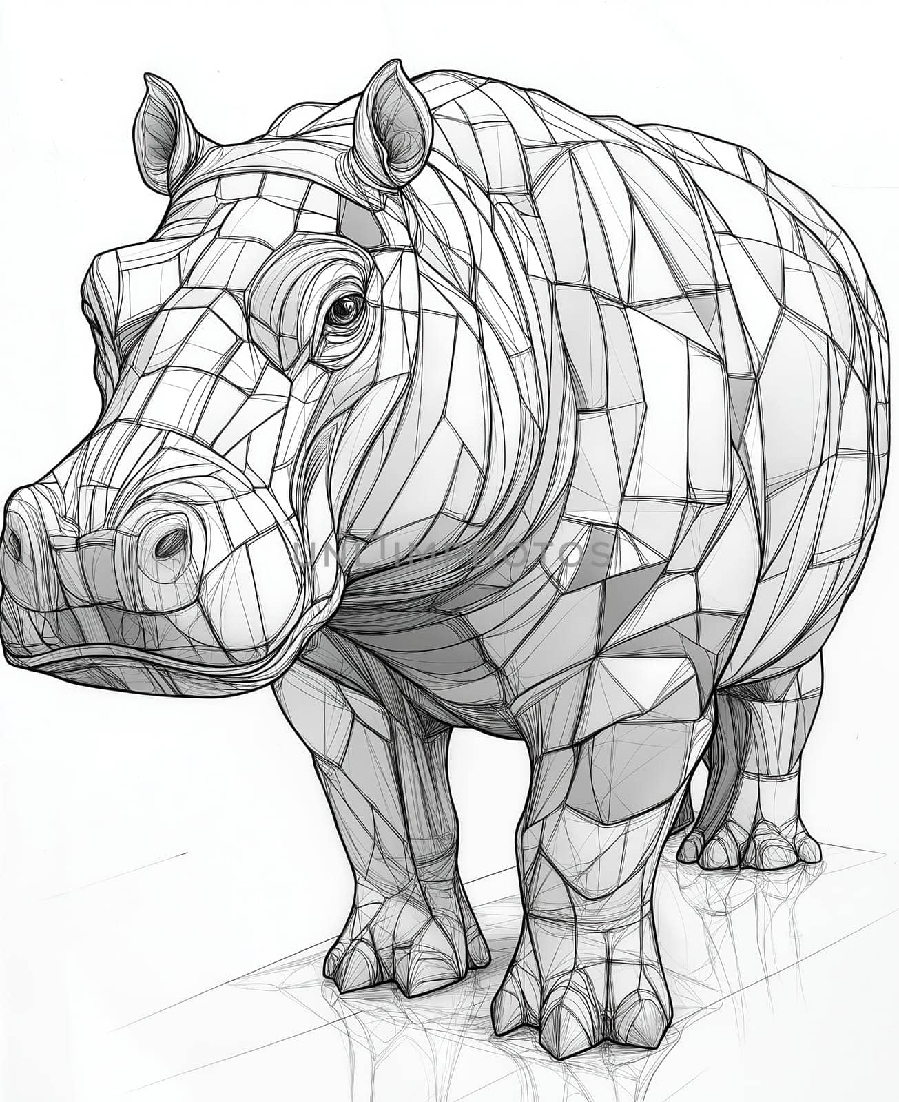 Coloring for kids, coloring colorful animal, hippopotamus from geometric shapes
