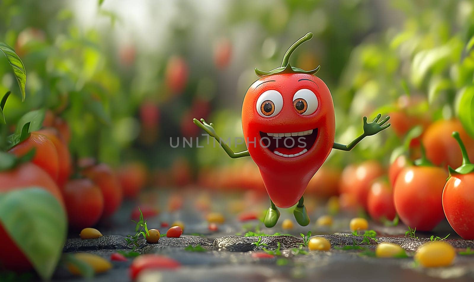 A cartoon red pepper laughs against a blurred background of a vegetable garden. Selective focus.