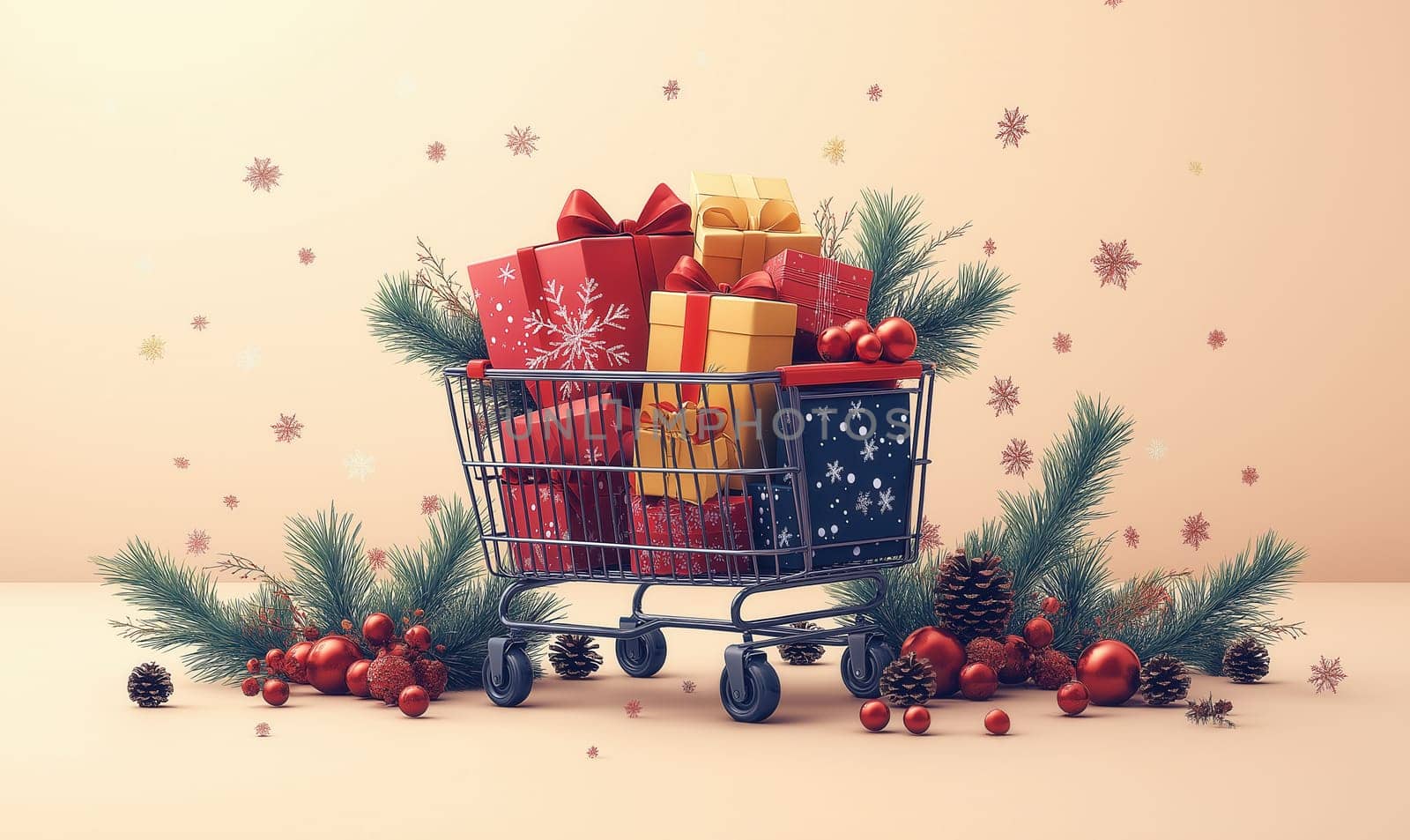 Illustration of a basket filled with beautifully wrapped gifts. Selective focus.