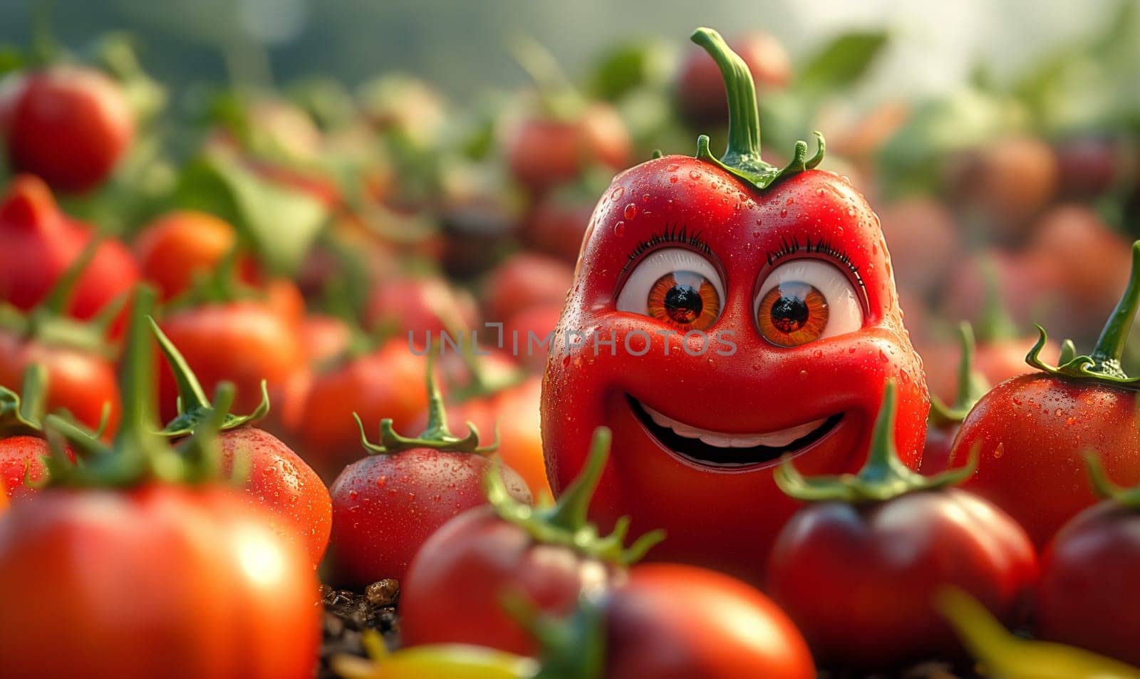 A cartoon red pepper laughs against a blurred background of a vegetable garden. Selective focus.