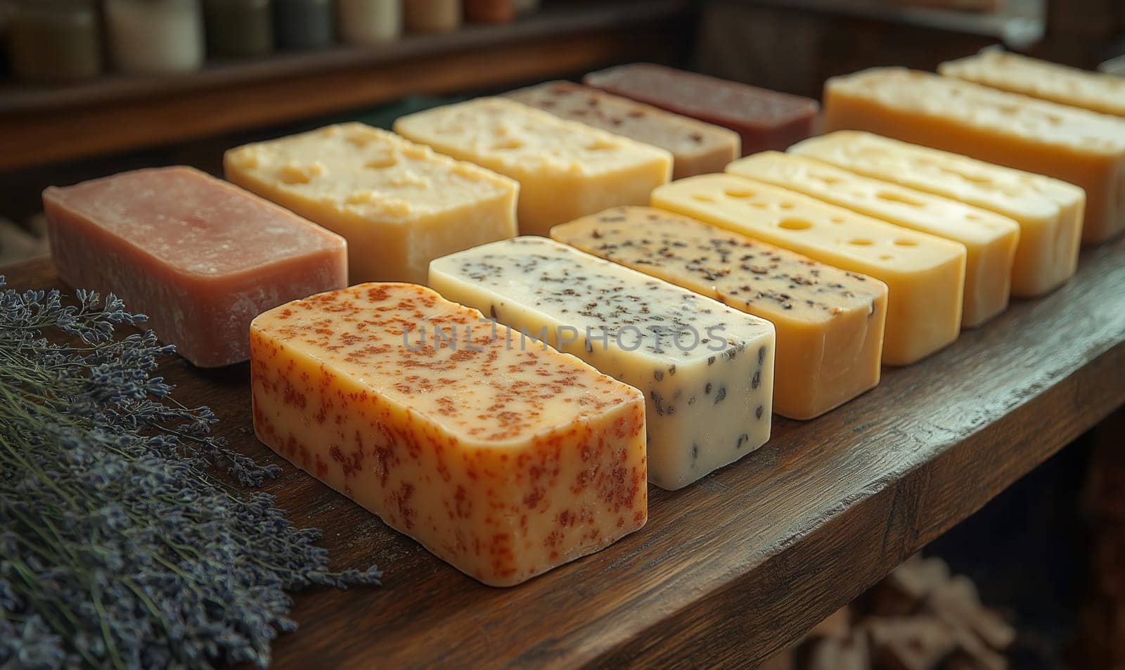 Assortment of handmade soaps. Health care concept. Selective focus.