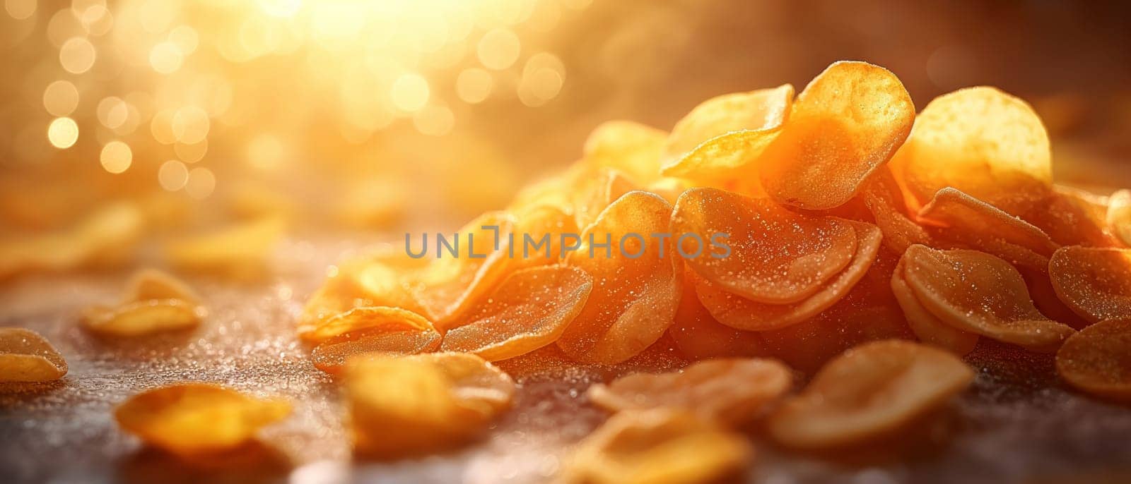 Scattered potato chips on a blurred background. Selective focus.