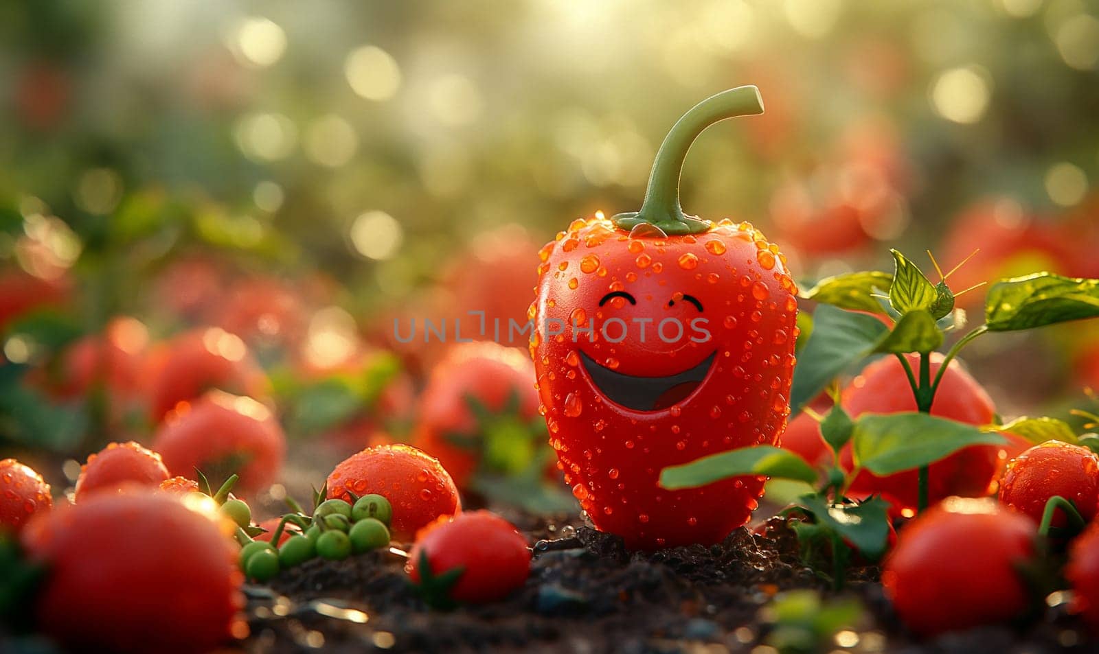 A cartoon red pepper laughs against a blurred background of a vegetable garden. Selective focus.