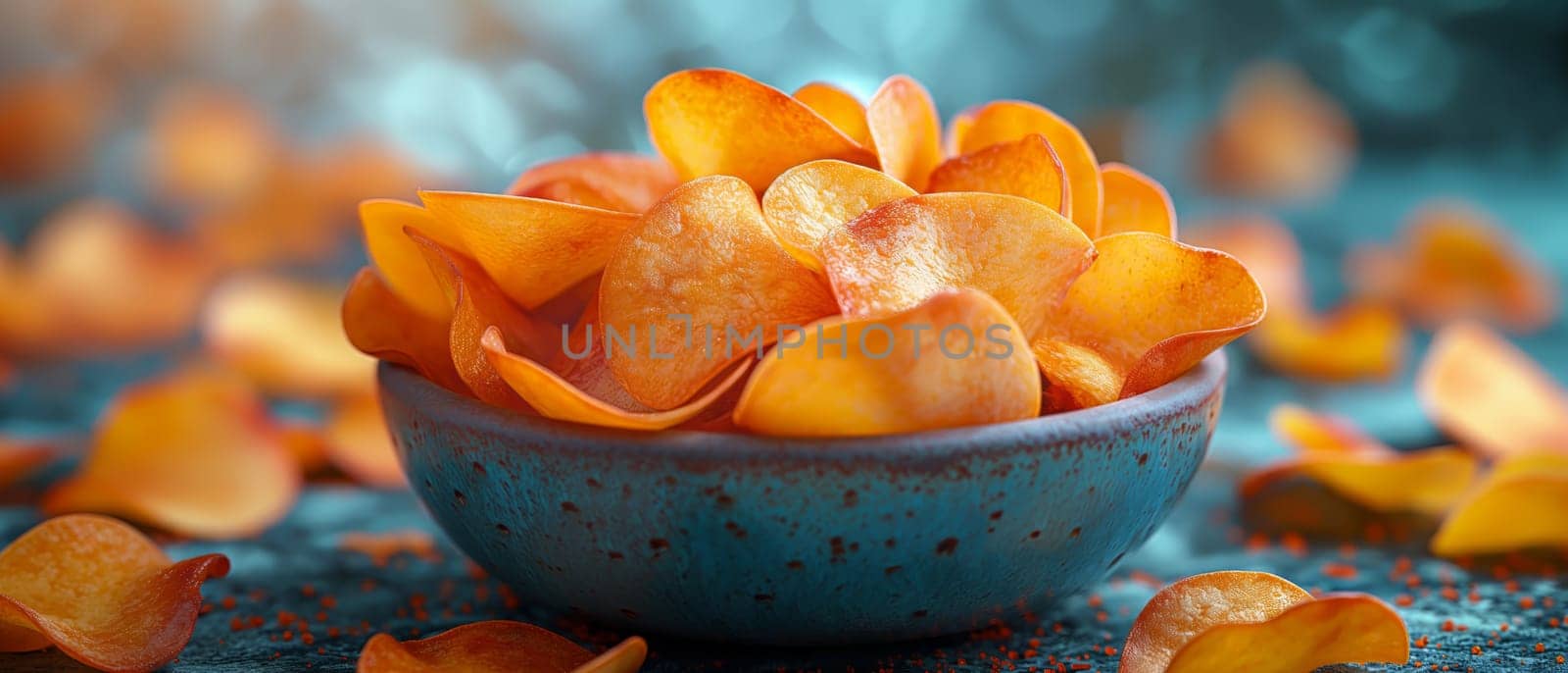 Potato chips in a cup on a blurred background. Selective focus.