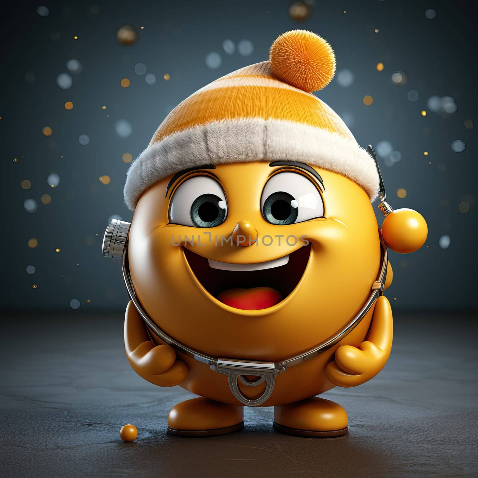 Cartoon New Year's smiley on a dark background. Selective focus.