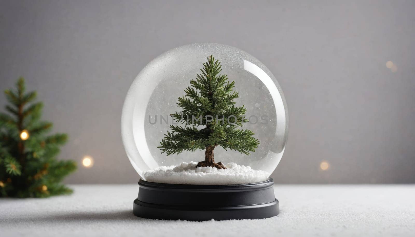 This delightful scene features a snow globe showcasing a small, beautifully decorated Christmas tree. Surrounding it is a soft layer of snow, enhancing the festive atmosphere.