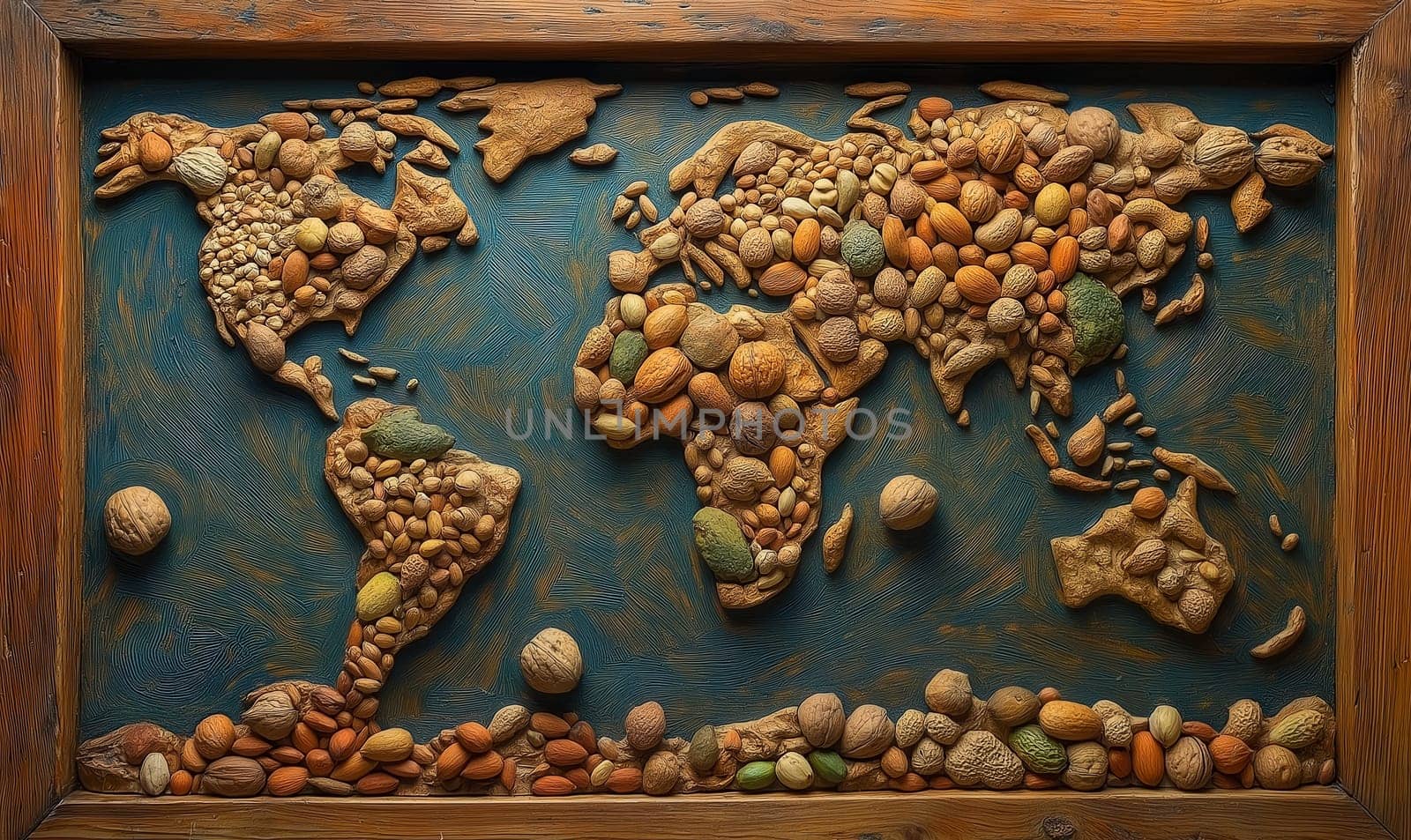 A world map laid out of nuts on a dark background. Selective focus.