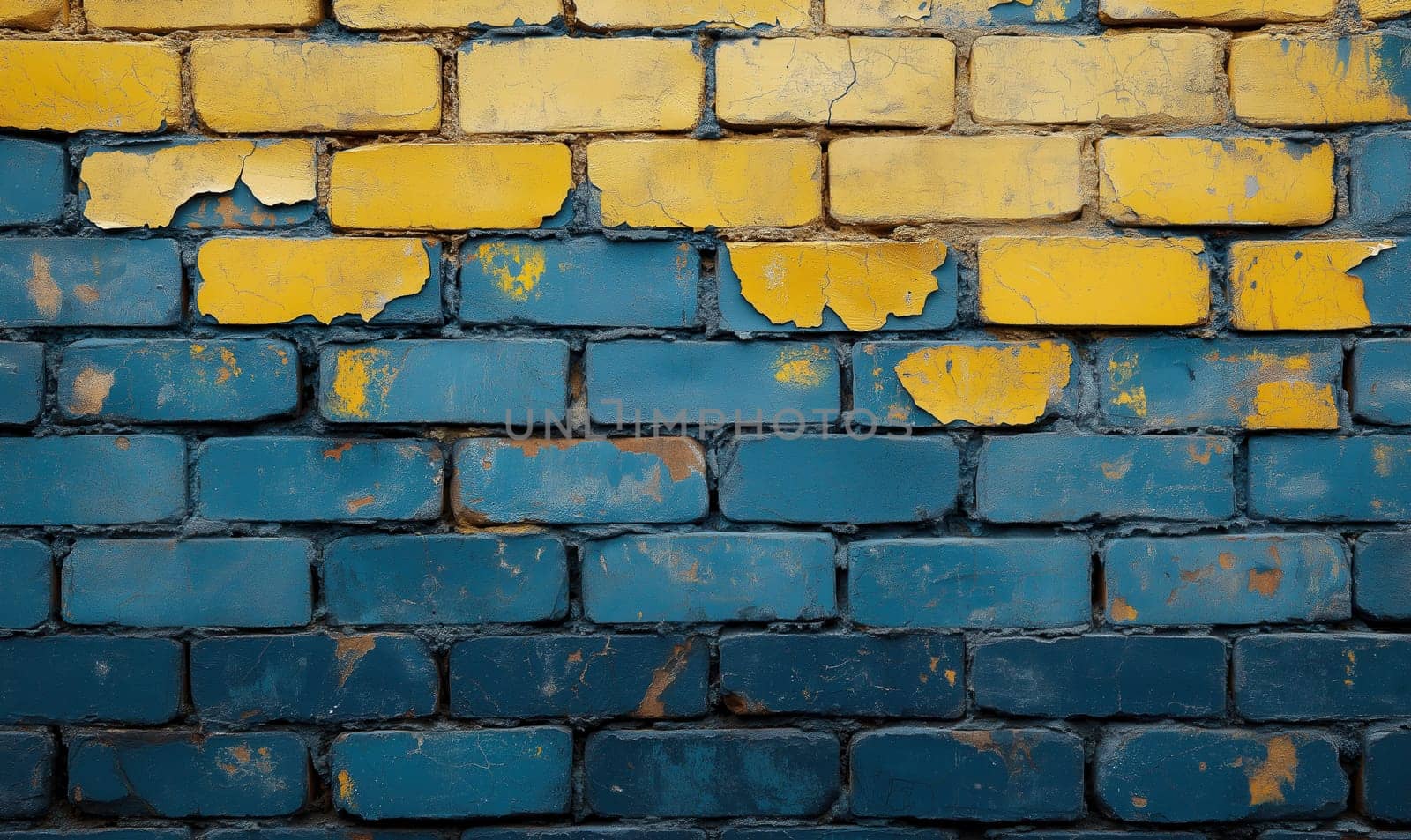 Textured brick background in blue and yellow. Selective focus.