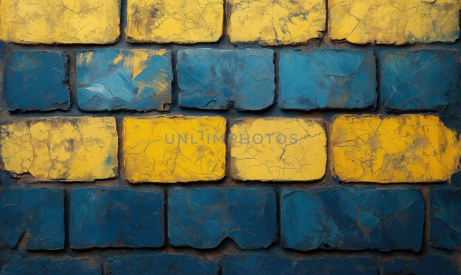 Textured brick background in blue and yellow. Selective focus.