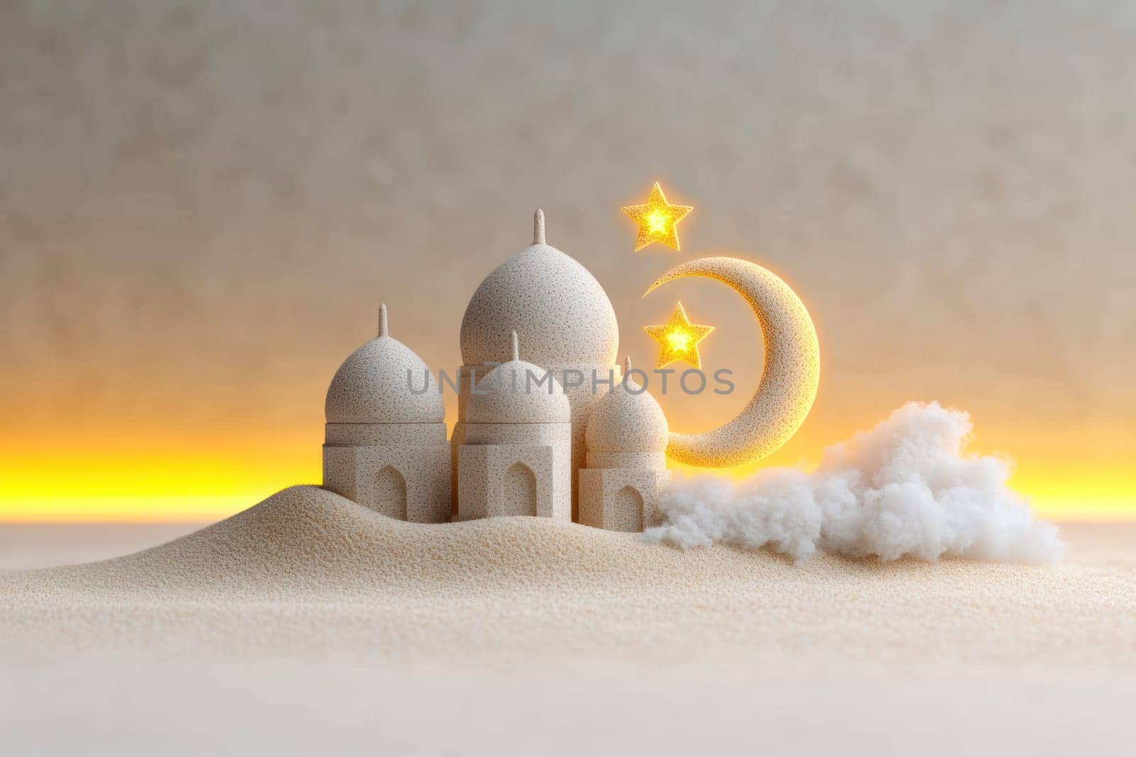 Sand mosque with crescent moon and stars, evoking tranquility and beauty.