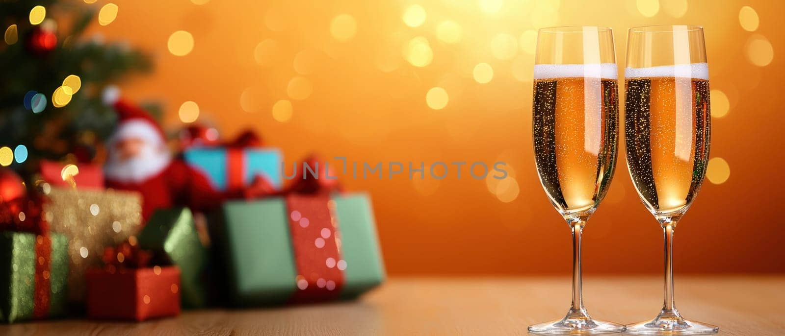 Cheers to festive celebration with two glasses of sparkling wine.