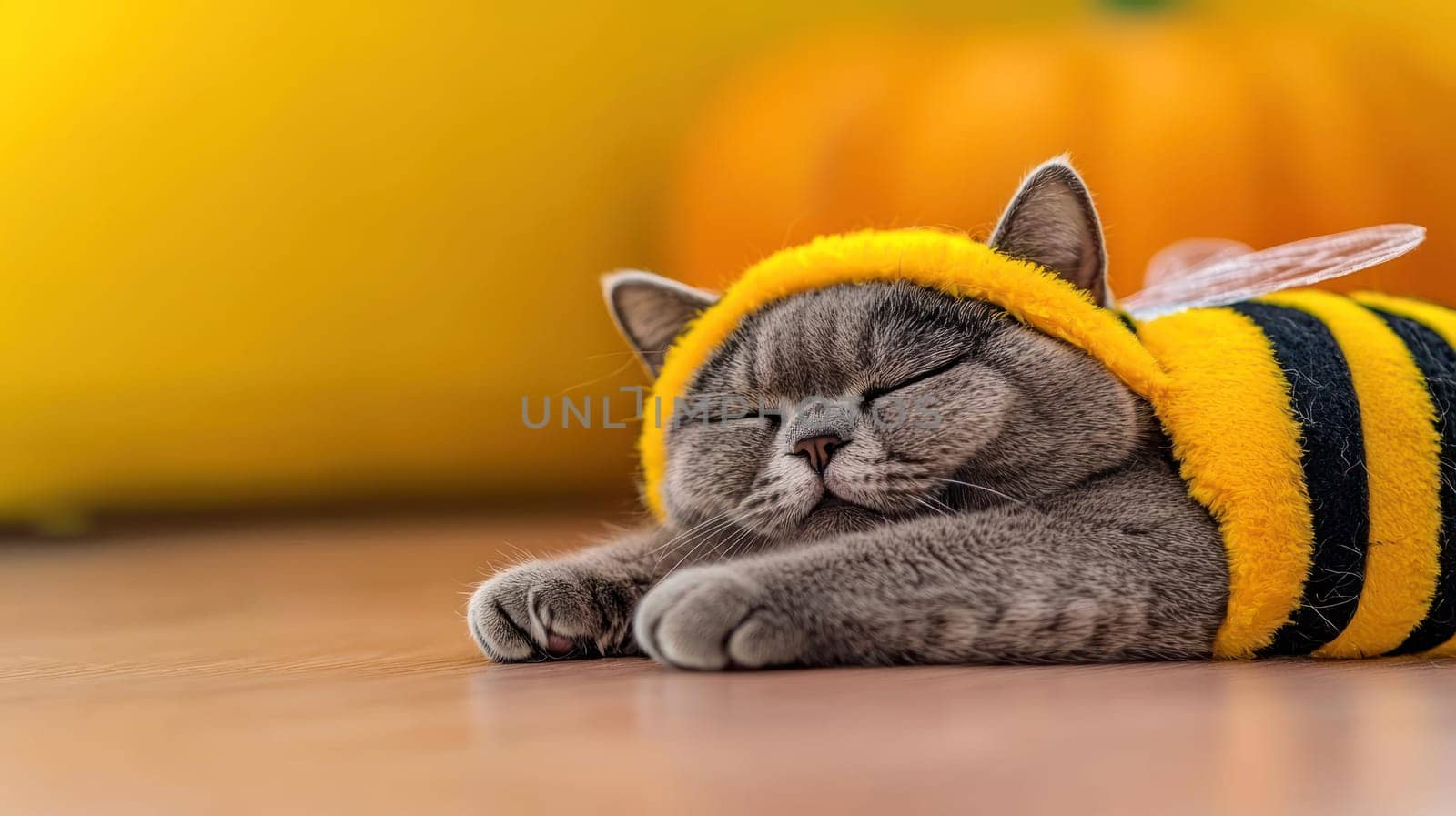 Sleeping gray cat in bee costume, cozy and adorable.