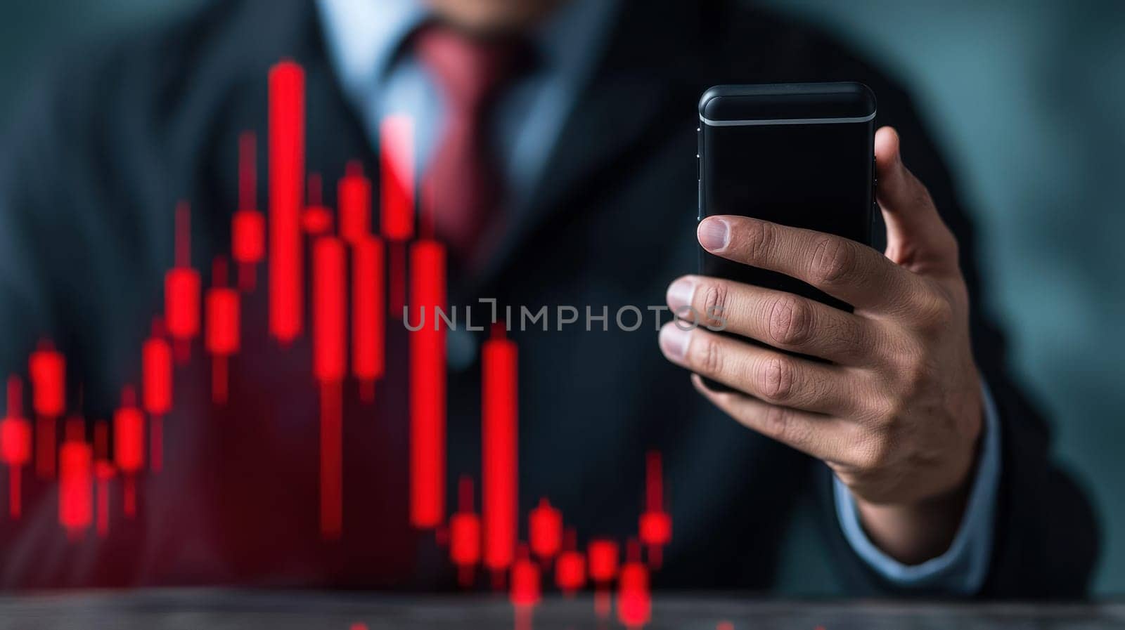 businessman holding smartphone while analyzing stock market trends.