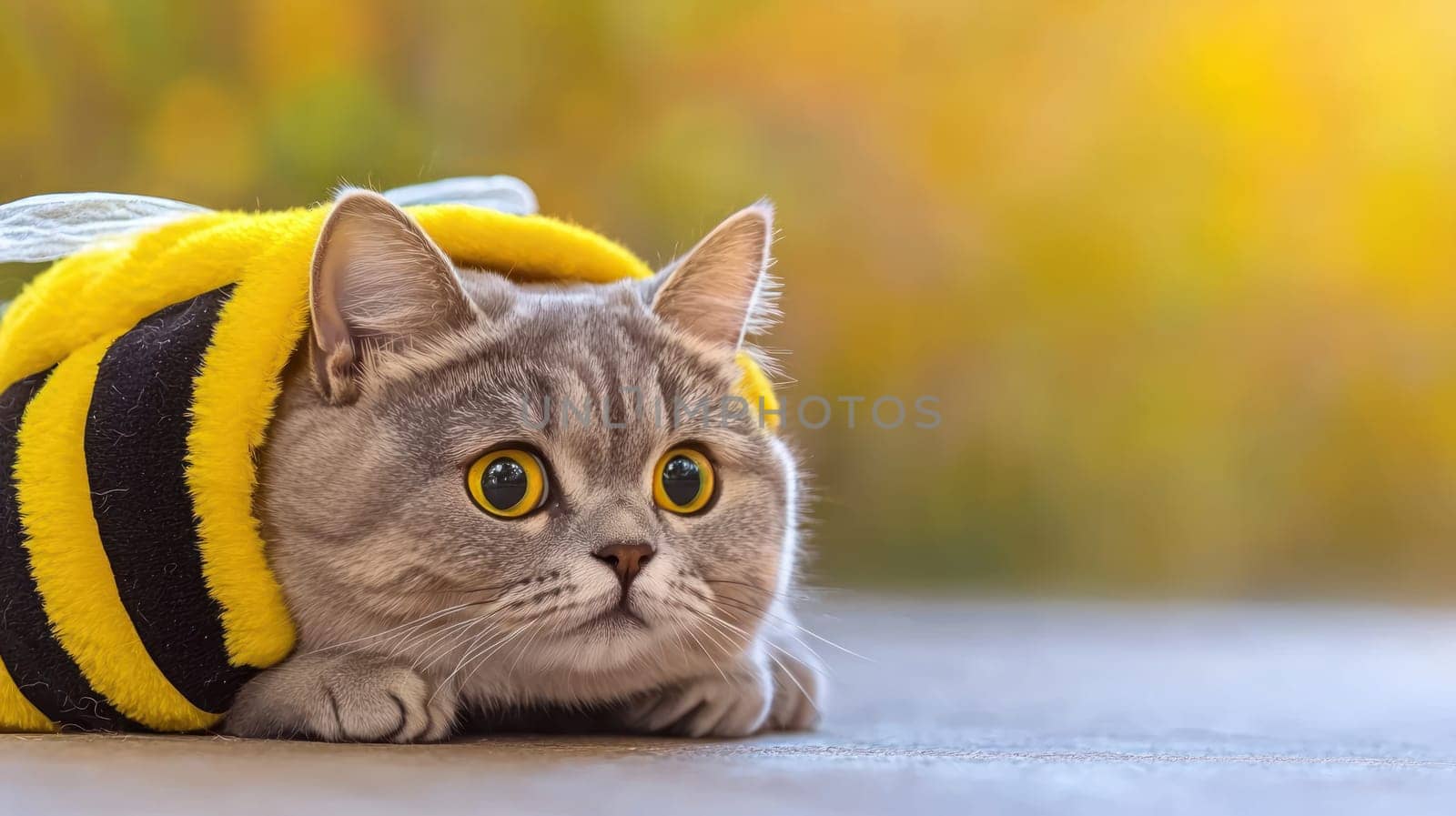 Funny gray cat in bee costume, looking curious and playful.