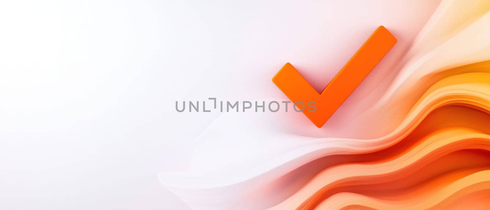 Crisp orange checkmark over soft gradient waves creates vibrant visual.