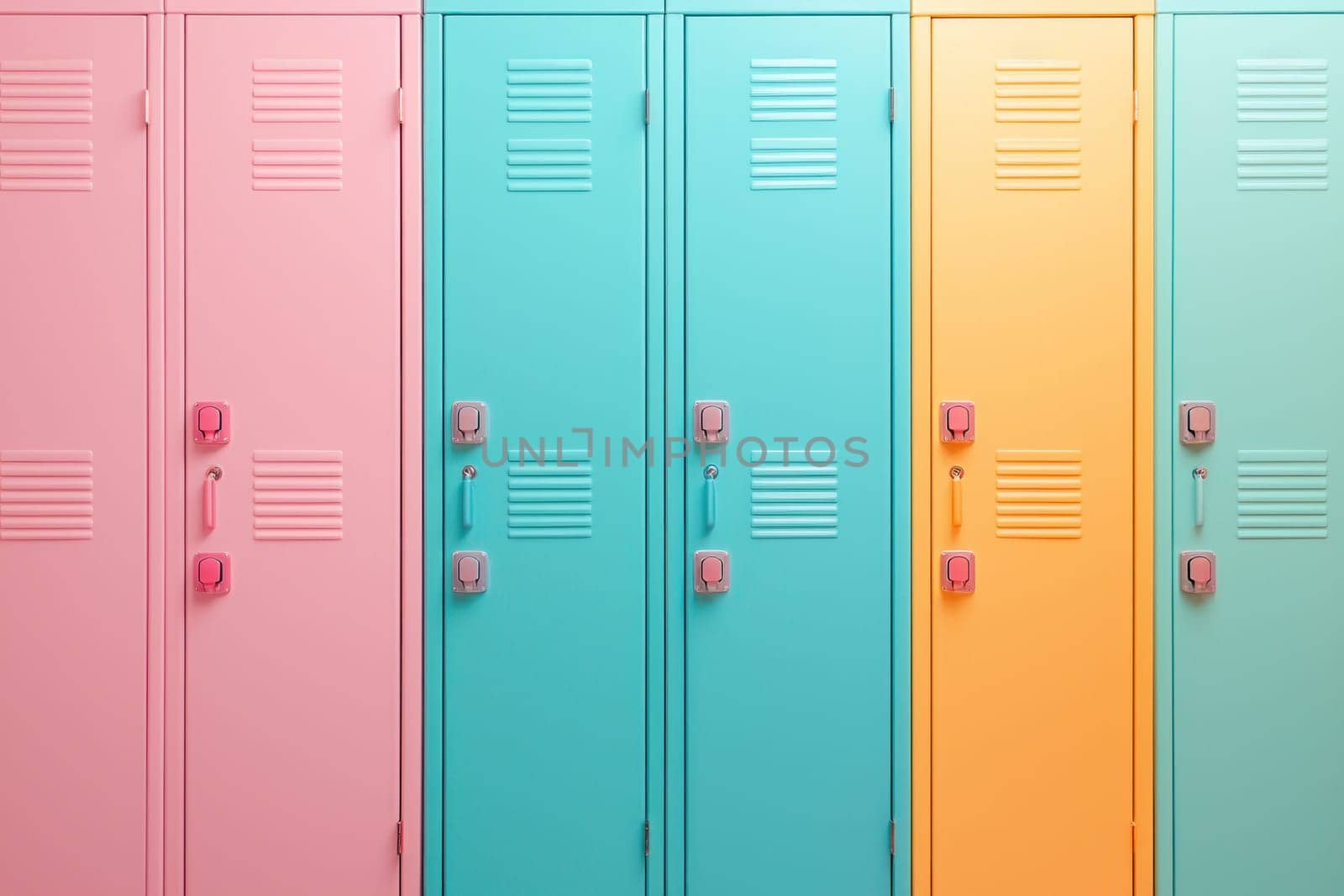 Vibrant pastel school lockers in pink, blue, and orange create cheerful atmosphere.