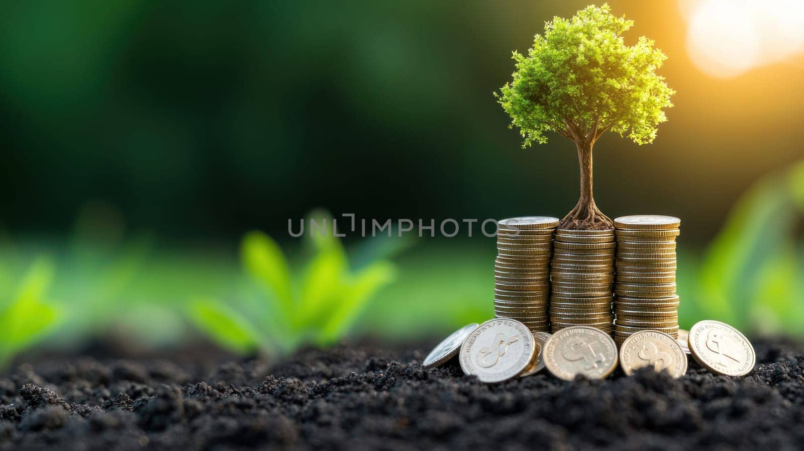 tree growing from stack of coins symbolizes growth and prosperity.