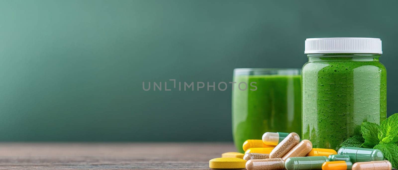 Fresh green smoothie and wellness supplements arranged neatly, promoting health.