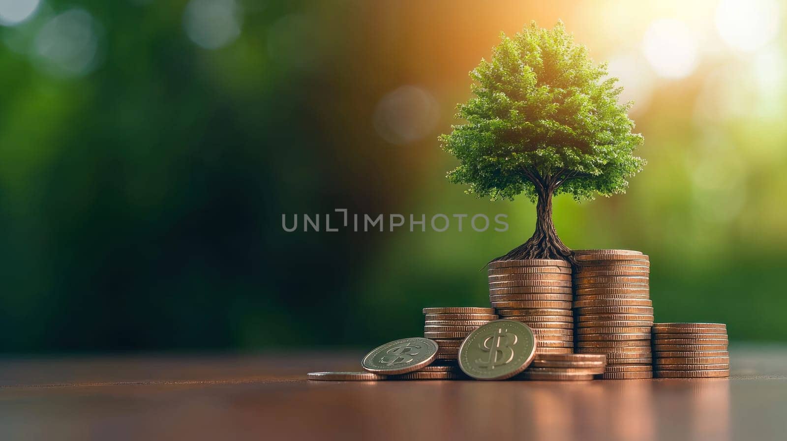 tree growing from stack of coins symbolizes growth and prosperity.