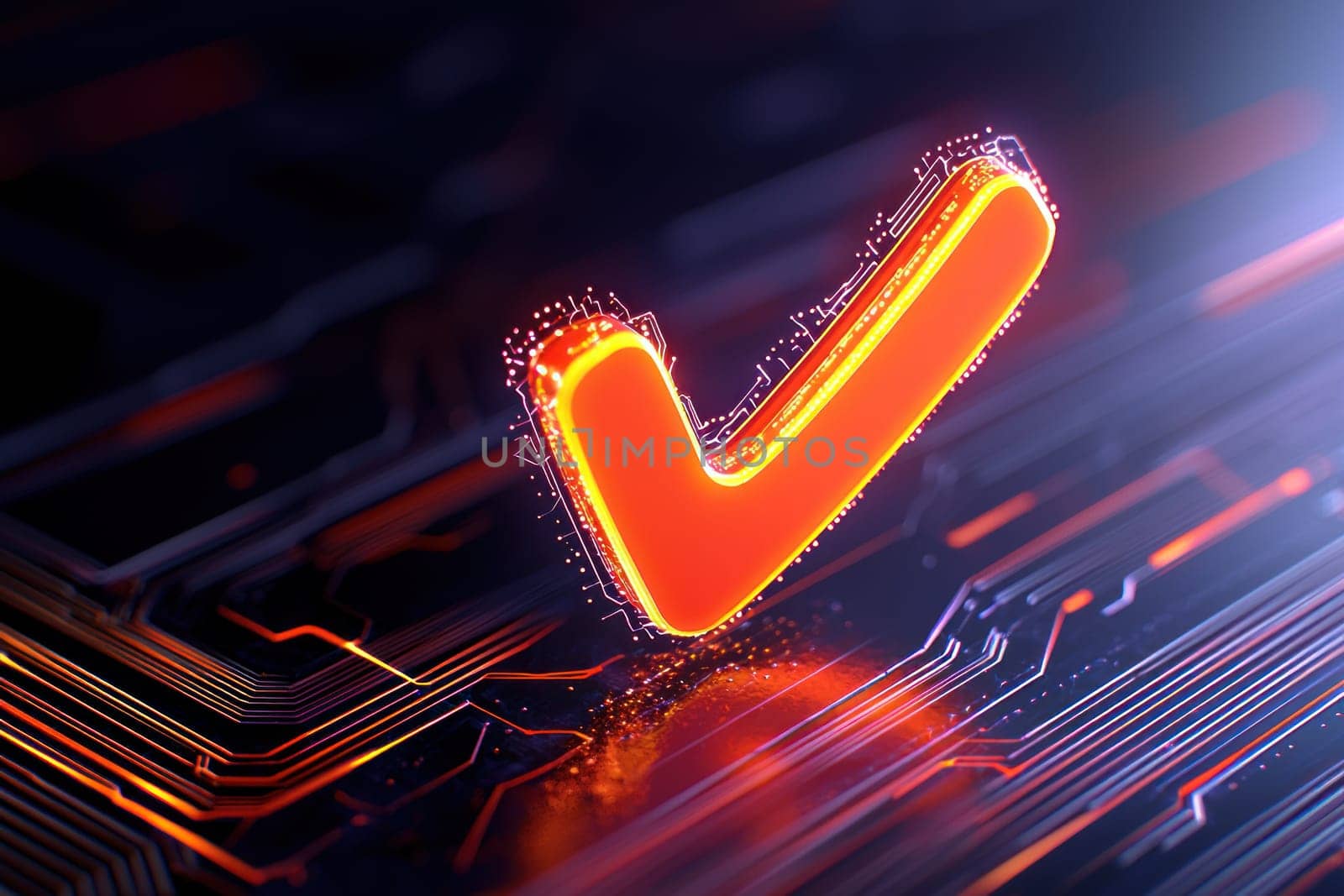 Digital orange checkmark icon glowing on futuristic background.