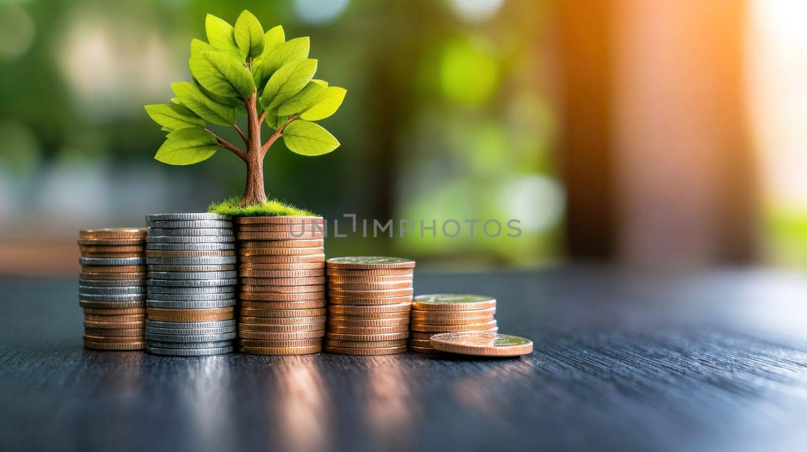 Growing tree on coins symbolizes financial growth and sustainability.