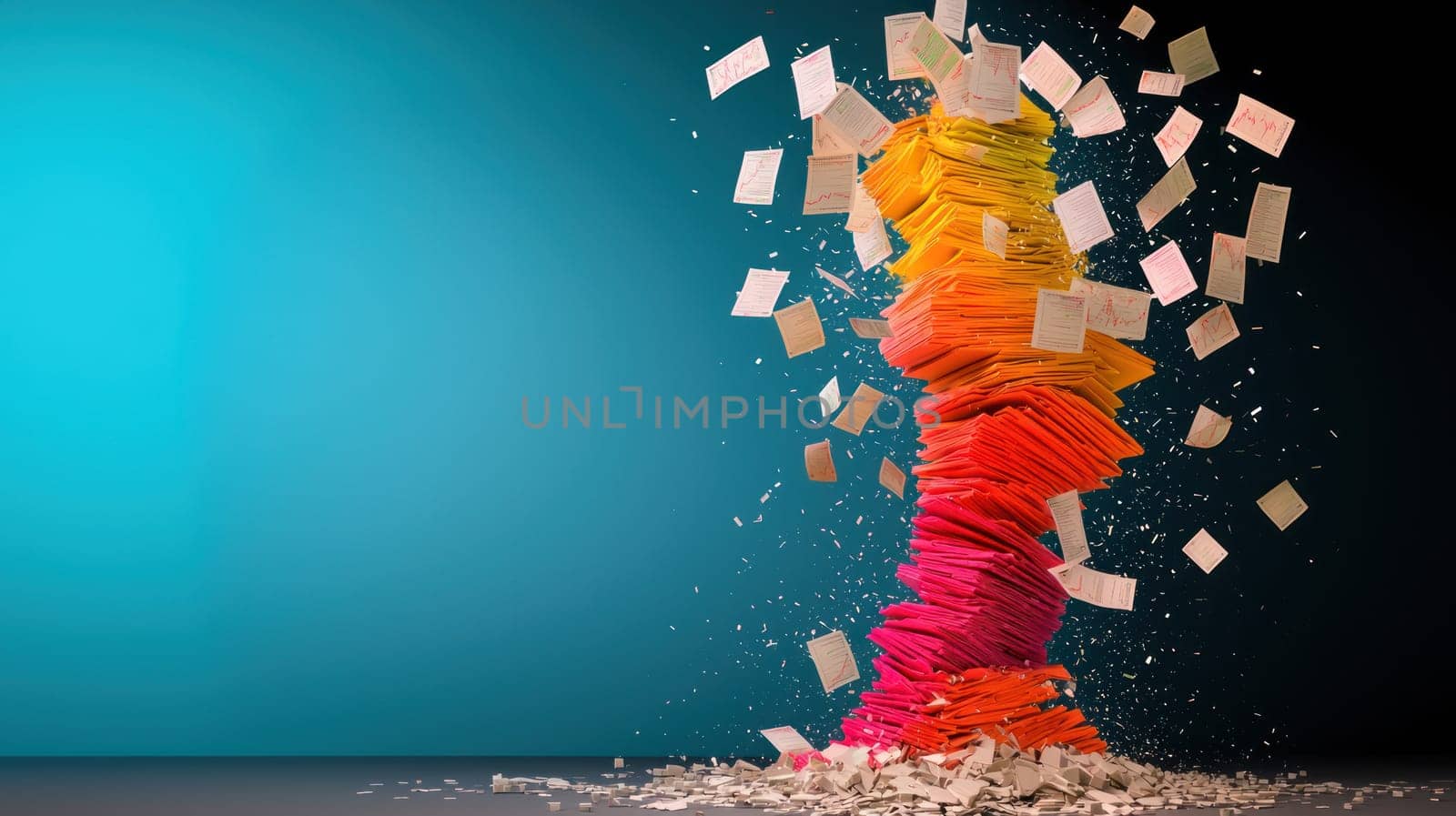 Colorful paper stacks collapsing create dynamic visual of chaos and creativity.