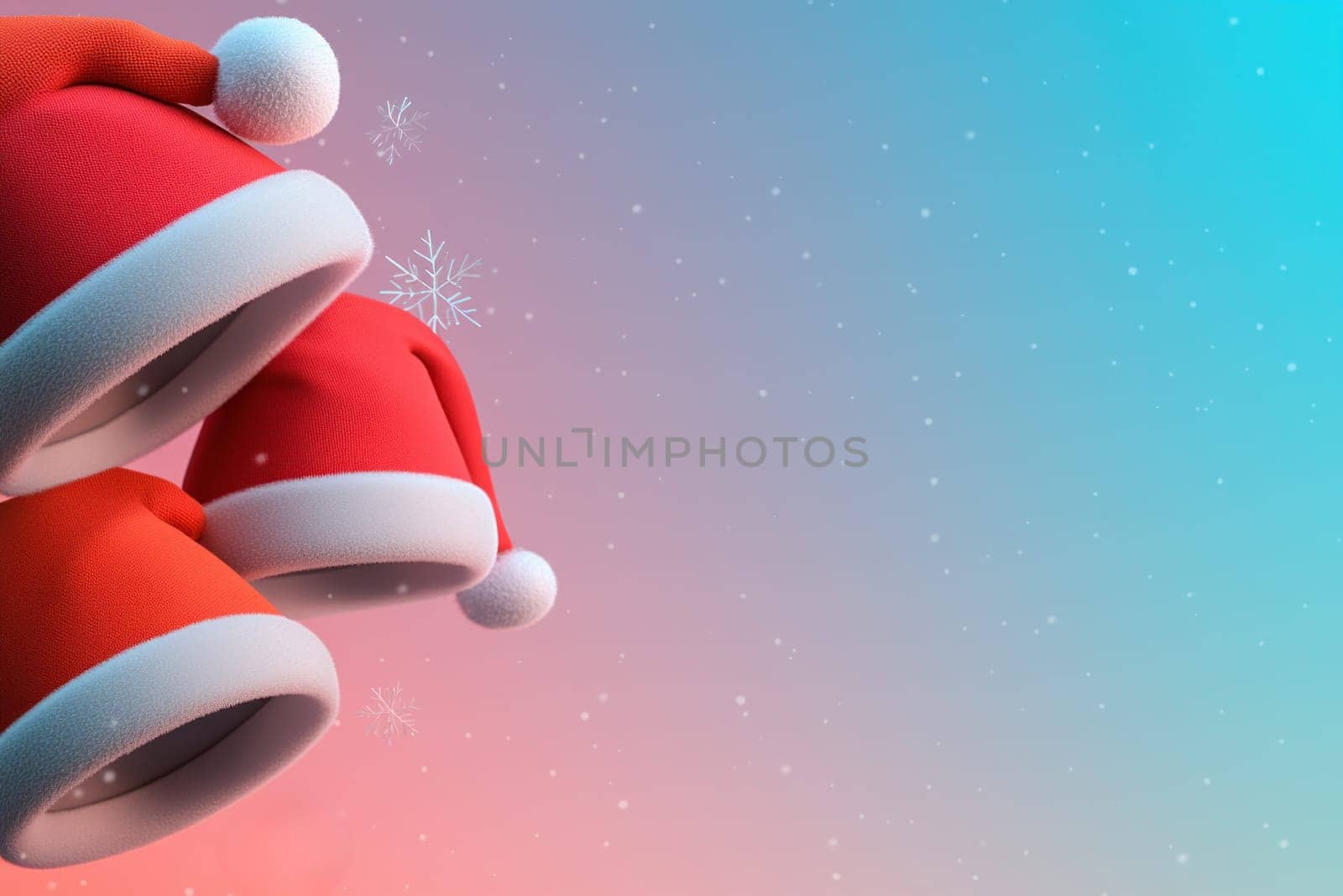 Festive Santa hats with snowy background create cheerful holiday vibe.