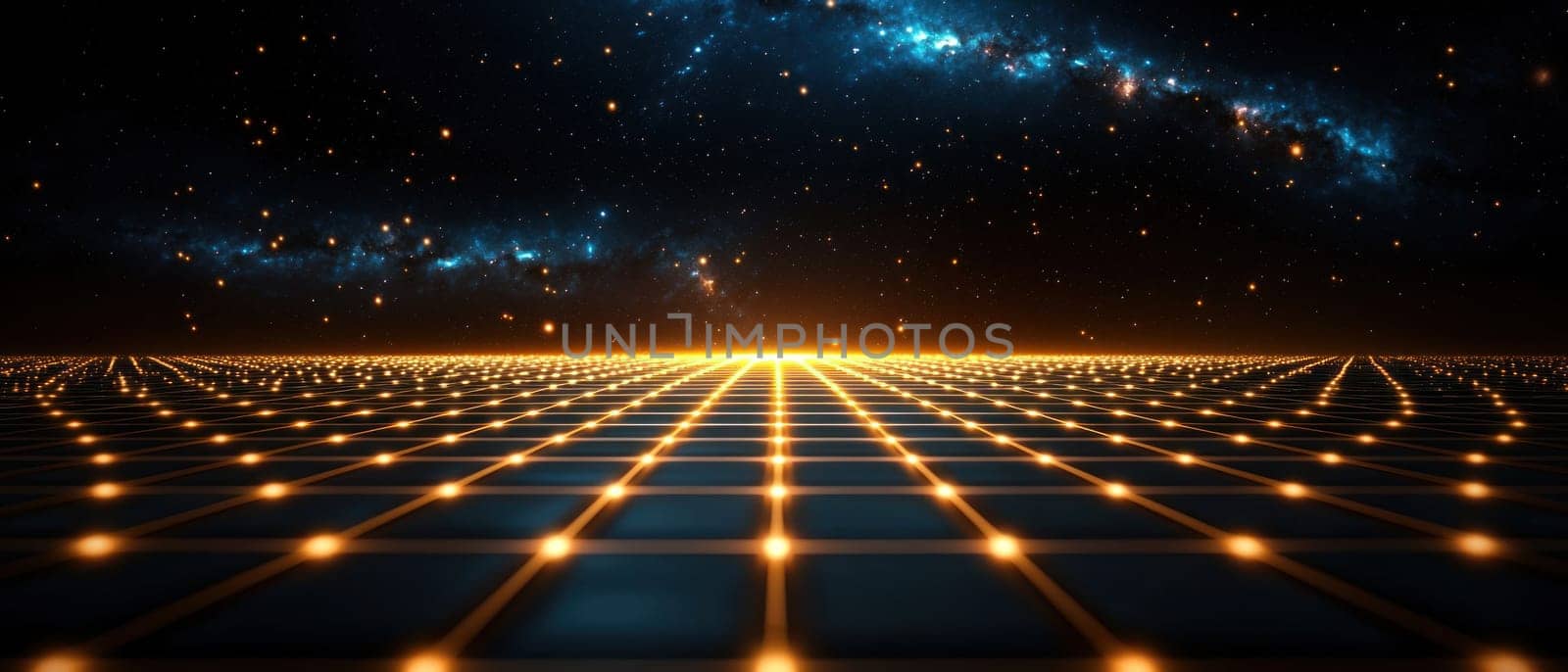stunning cosmic landscape with glowing grid and starry background evokes sense of wonder.