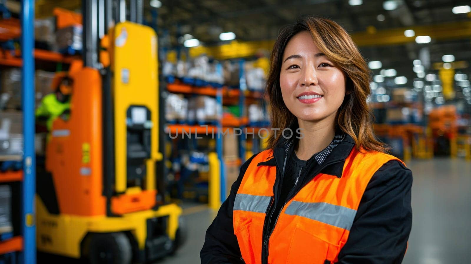 confident woman supervisor in warehouse, wearing safety vest, smiles proudly.