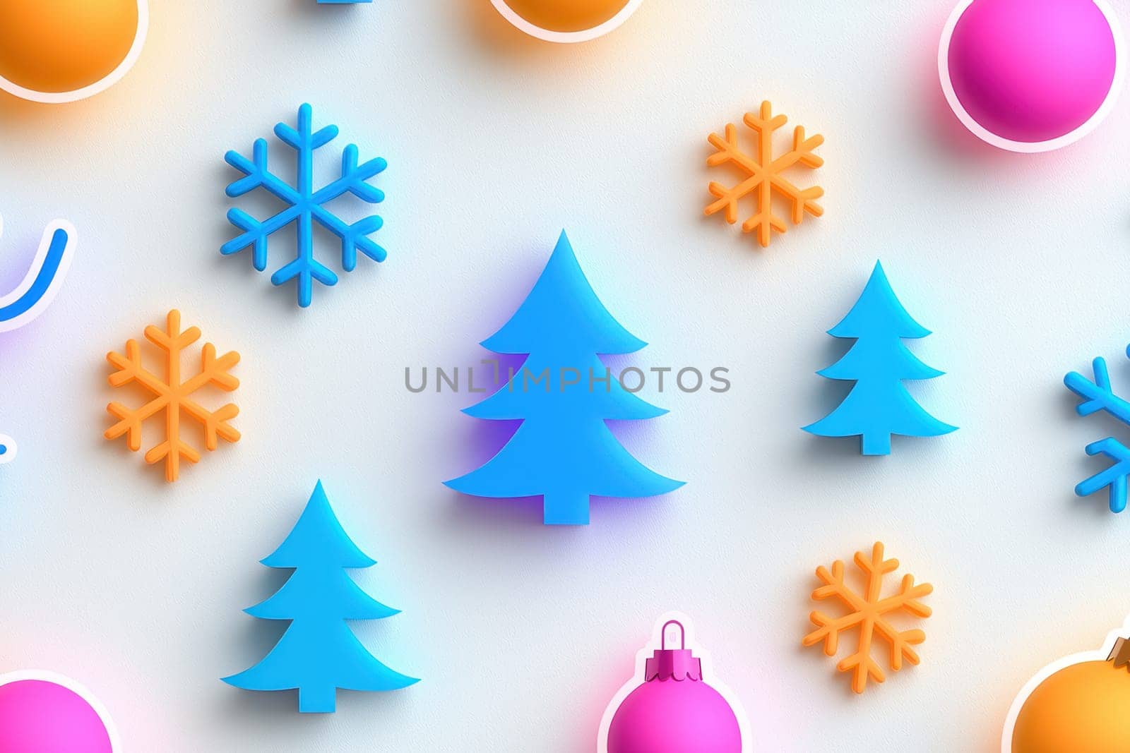 Bright geometric holiday icons featuring trees, snowflakes, and ornaments create festive.