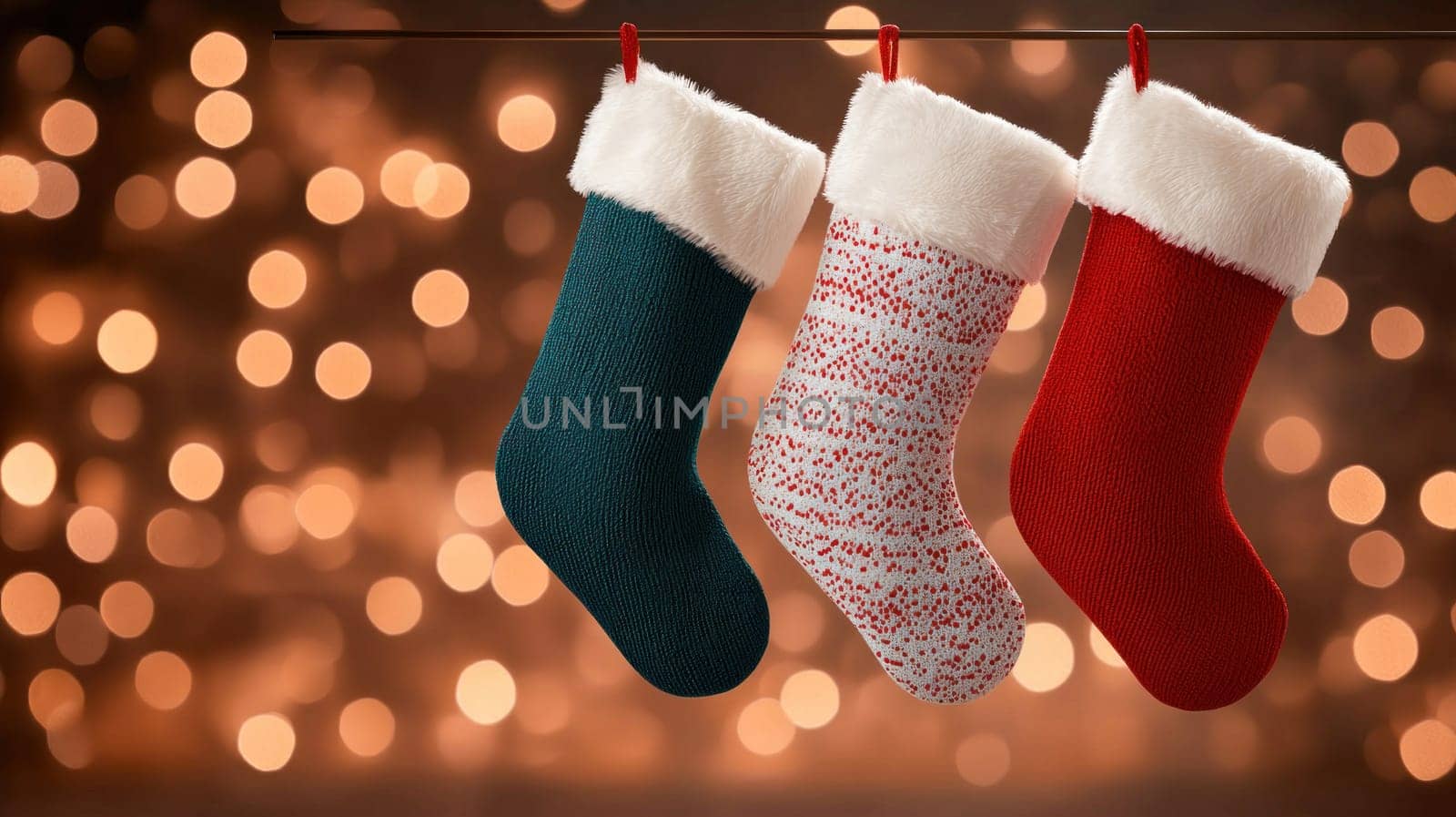 Cozy Christmas stockings hanging against festive bokeh background.