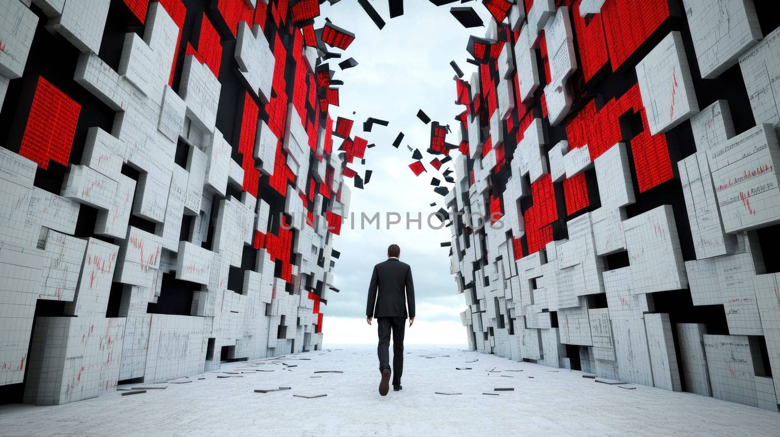 person walking through surreal environment of fragmented walls.