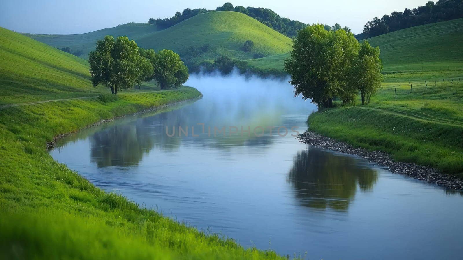 serene river flows through lush green hills, enveloped in gentle fog.