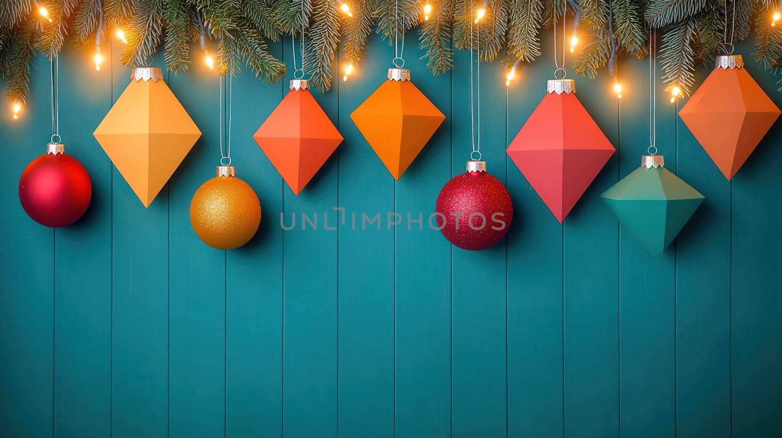 Geometric Christmas ornaments in vibrant colors hang beautifully.