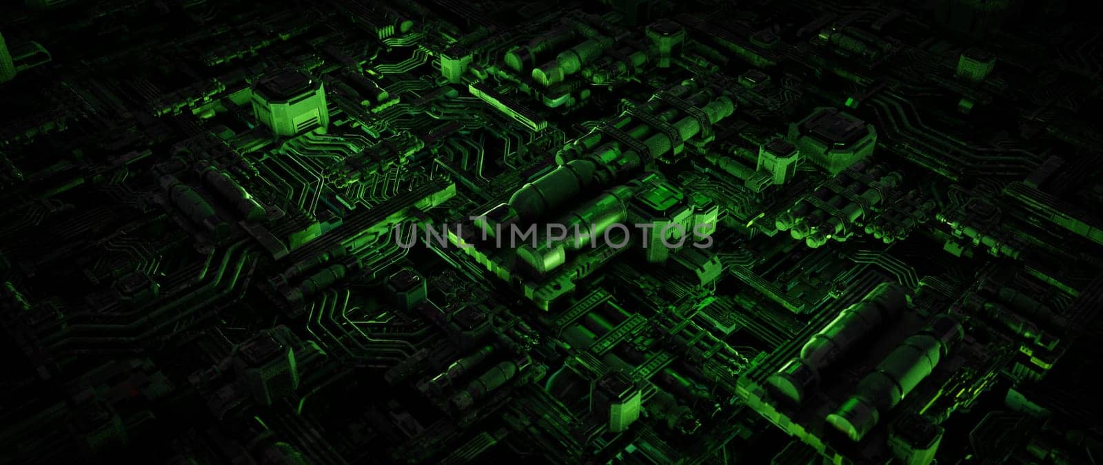 A close-up of a circuit board, with green glow, lines and connections. It is an abstract representation of the complex digital world.
