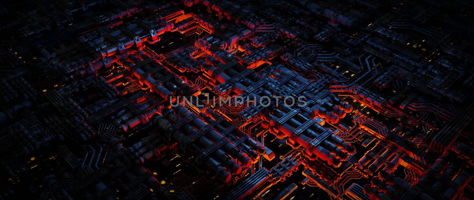 An abstract digital image of an intricate network of circuits, wires, and glowing elements, creating a futuristic and cyberpunk aesthetic.