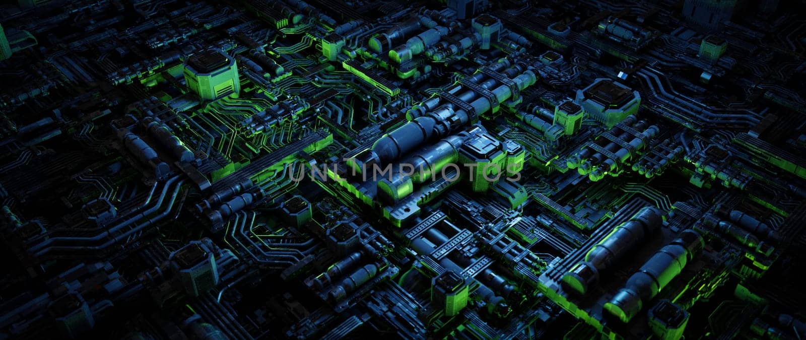 An abstract 3D rendering depicting a complex, futuristic circuit board. The image showcases a network of interconnected wires and circuits, highlighting the intricate workings of modern technology.