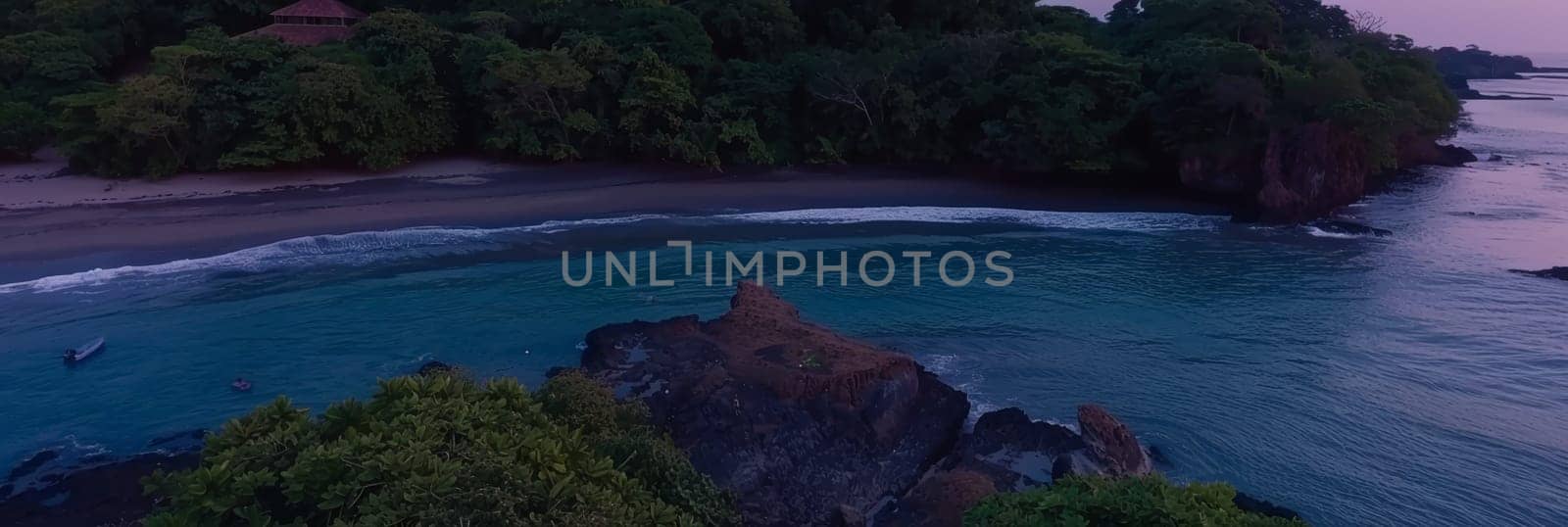Stunning sunset view from a hilltop in playa with lush vegetation. Generated by AI