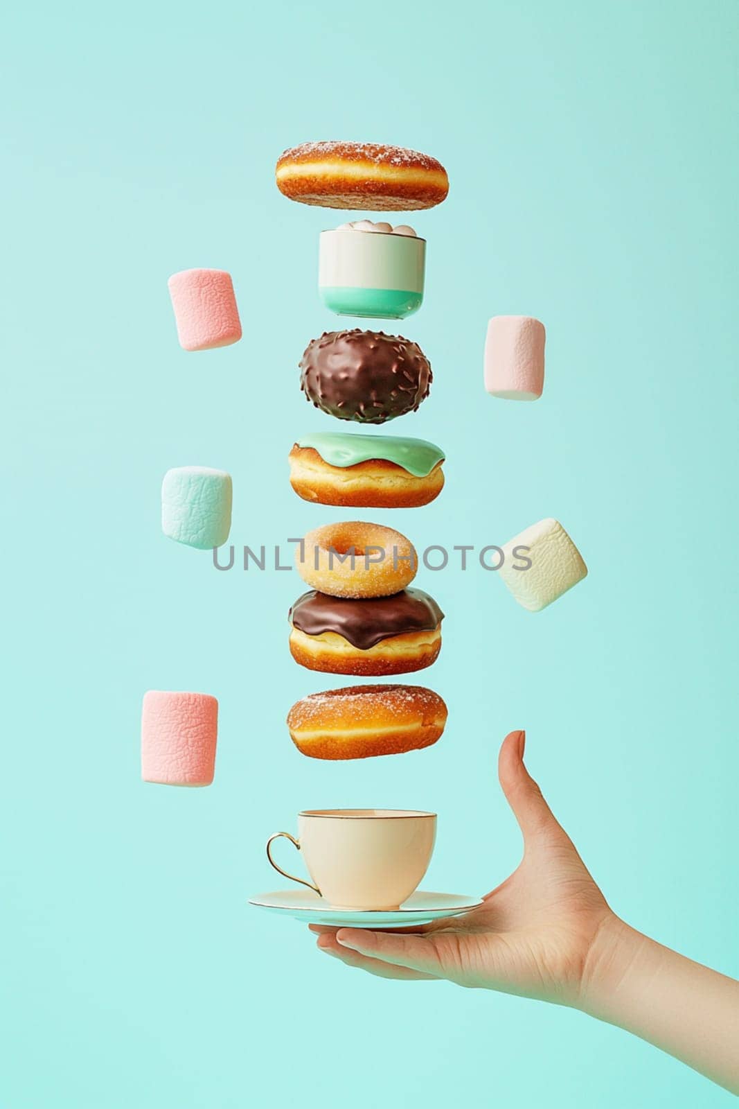Hand is holding a cup catching flying donuts, chocolate bars and marshmallows on a blue background. This image evokes the concept of sweet breakfast