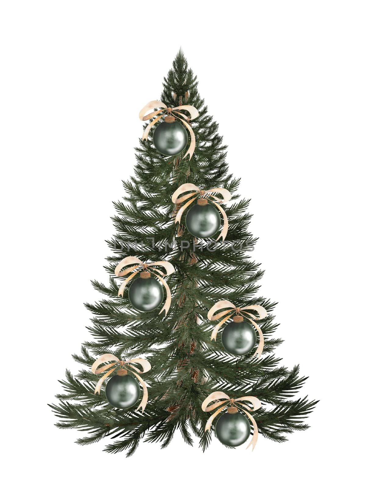 Christmas tree watercolor. Hand drawn vintage evergreen tree with green balls isolated on white background. Clip art of Christmas and New Year symbol. Ideal for greeting cards, posters and home crafts design. High quality illustration