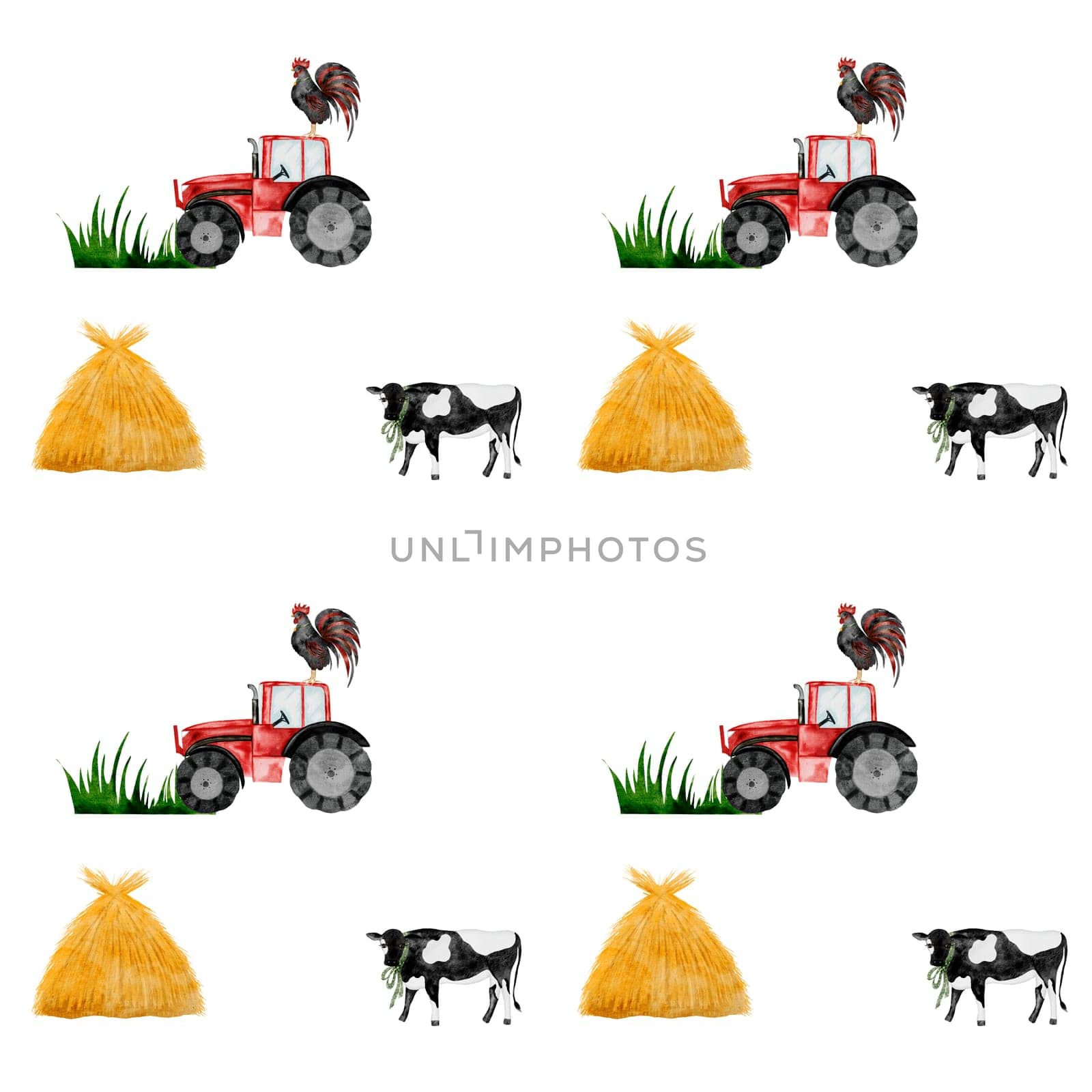 Cute farm animal and tractor. Hand drawn cow, haystack and red tractor on isolated white background. Country style clip art. Ideal for educational cards and posters. High quality illustration