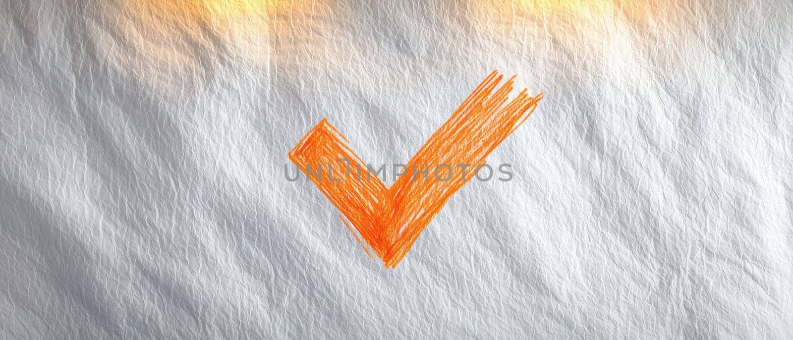Hand drawn orange checkmark on textured paper, symbolizing approval and positivity.