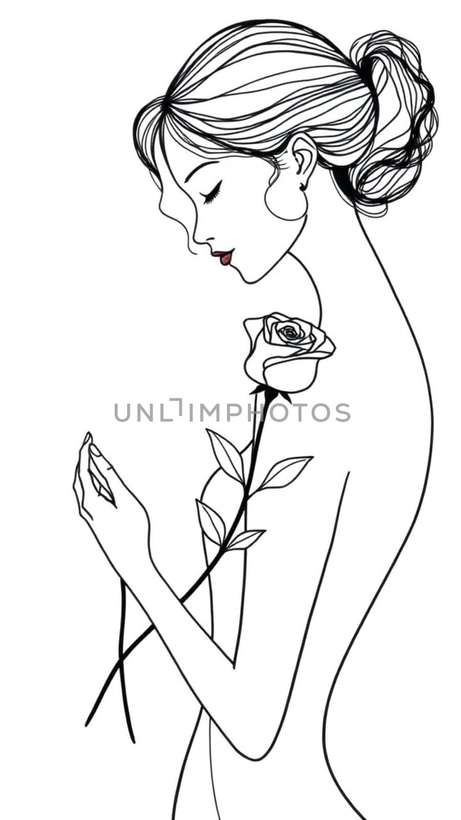 Woman with closed eyes holds a delicate rose in a minimalist line art drawing, capturing beauty, femininity, romance, and elegance. Perfect for modern graphic designs