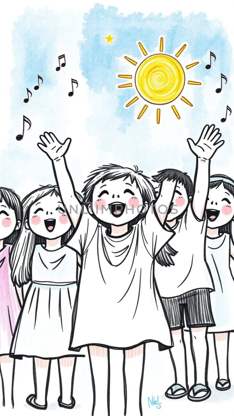 Happy children singing together under a bright sun with music notes floating in the air, expressing joy and togetherness