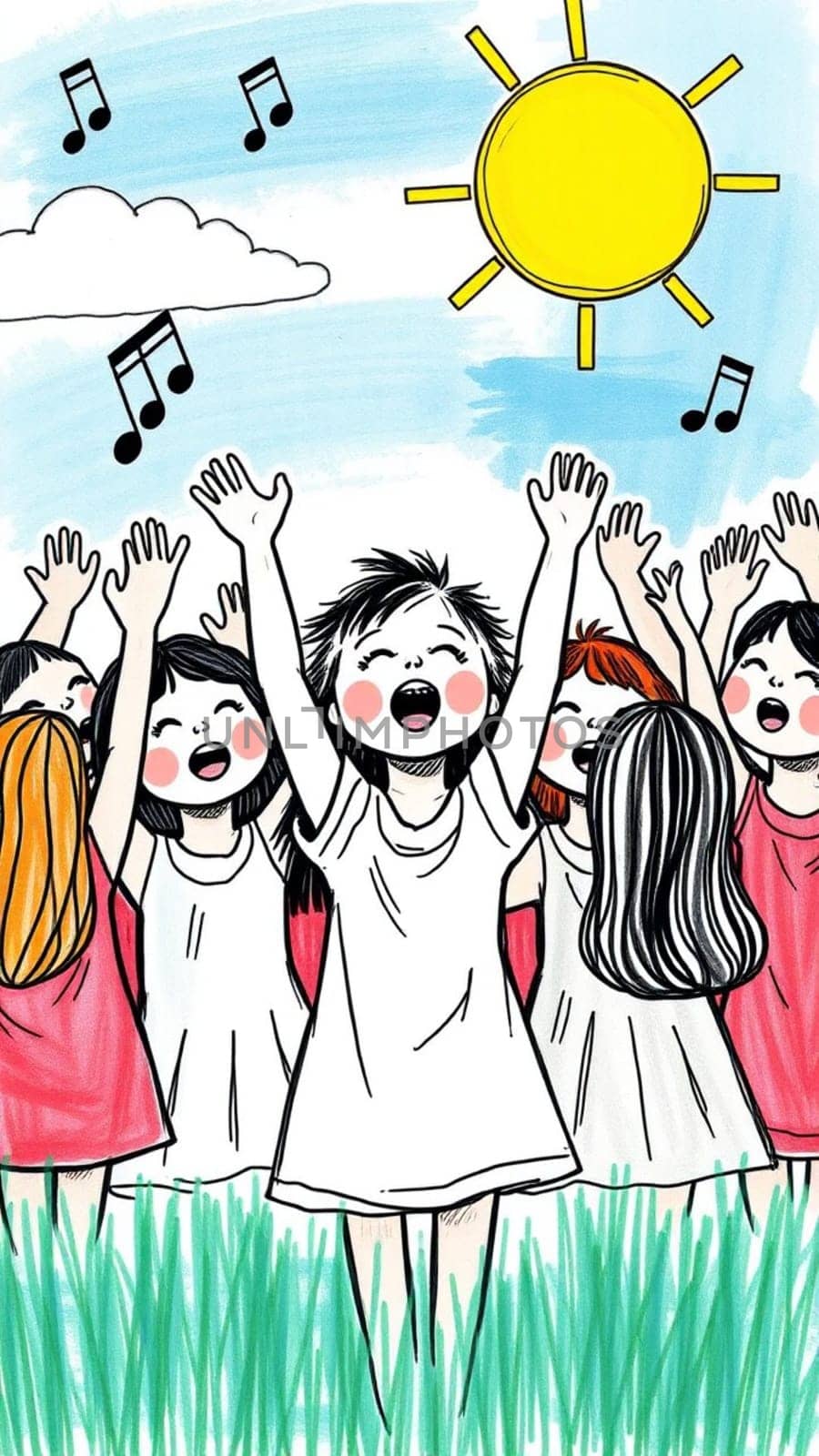 Kids happily singing together under a sunny sky, surrounded by nature's vibrant colors, radiating joy and friendship